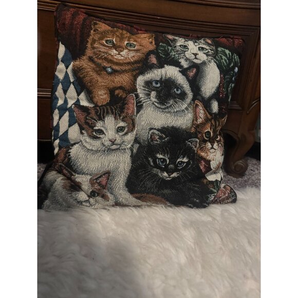 Vintage Cat Themed Decorative Tapestry Style Throw Pillow Paw Print Back - Picture 1 of 9
